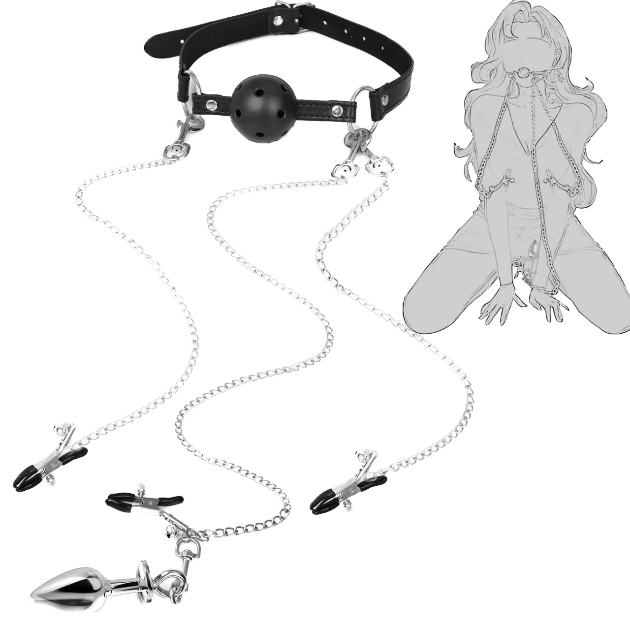 BDSM Bondage Kit Metal Chain Nipple Clamps Foreplay Game Sex Toy for Couple Mouth Plug Oral Sex Tool With Anal Plug