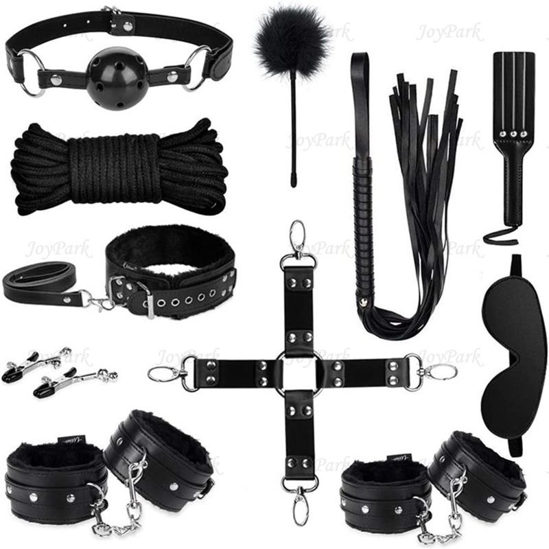 JoyPark Hot 11Pcs/Set Leather Game Paddle Neck Whip Suspenders Nipple Clamps BDSM Sex Clothes Leather Bondage Gear Toys